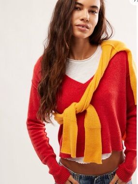 Free People Red V-Neck Cashmere Sweater